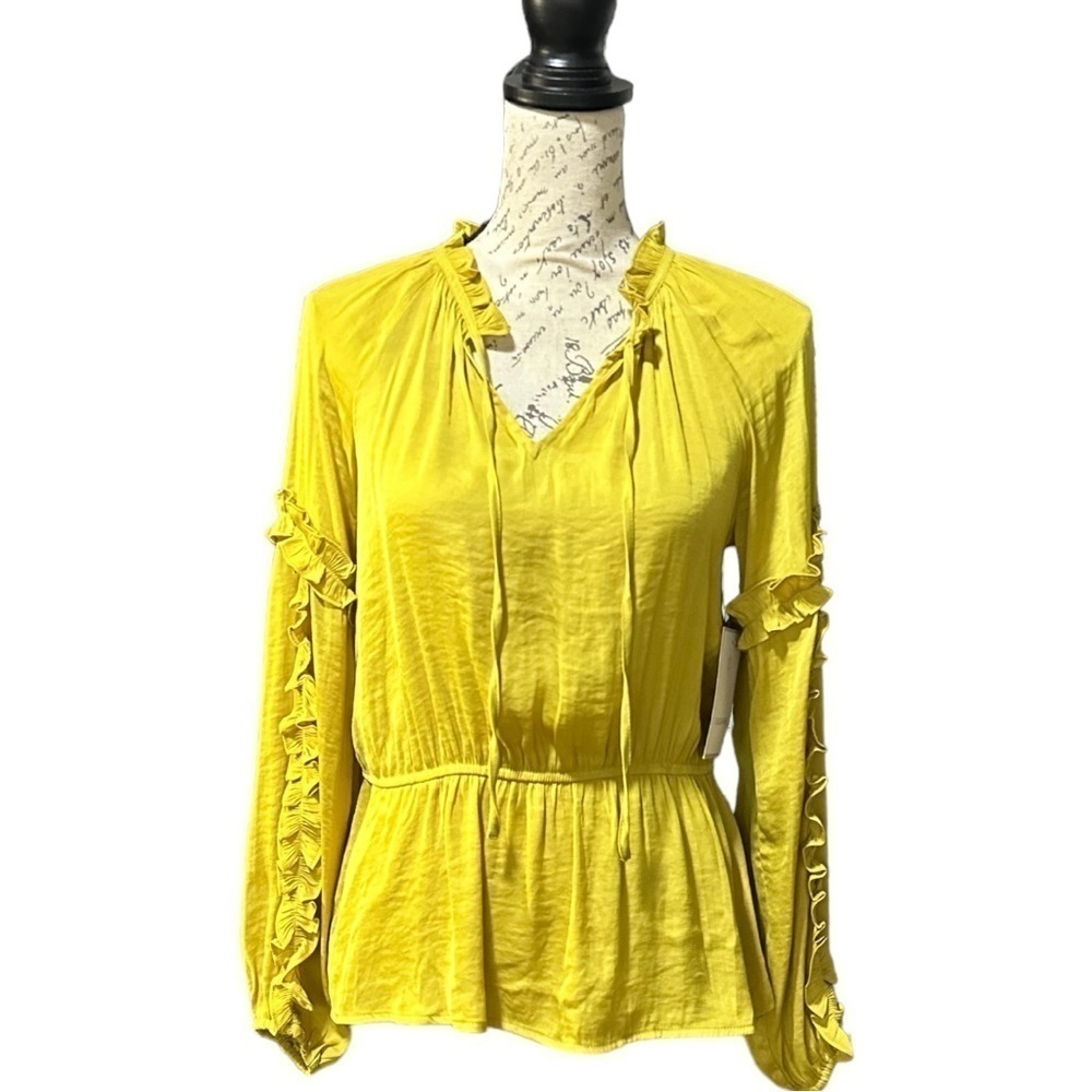 Calligraphie Chartreuse Ruffled Blouse Size Small NWT